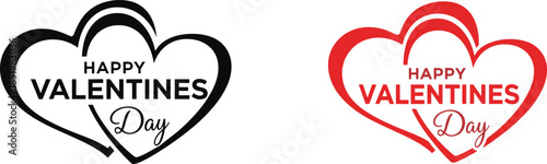 Happy Valentine's Day typography logo with intertwined hearts in black and red colors for romantic holiday greeting card design, vector.