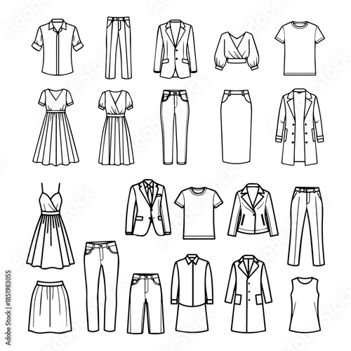 man and woman clothes icons set, female , dresses silhouette pack