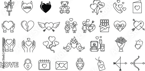 Large collection of black and white line icons featuring hearts, gifts, romantic couples, and Valentine's Day symbols for holiday design.