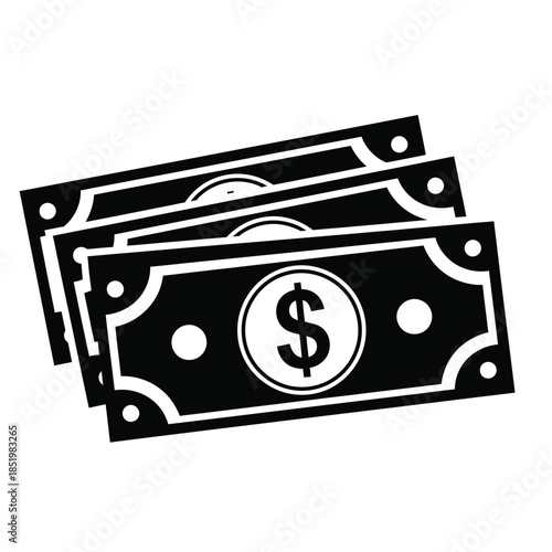 a simple black and white illustration depicts a stack of four united states dollar bills clearly showing the dollar sign