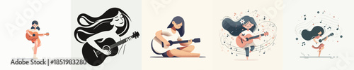 Vector Illustration of a Beautiful Girl Playing Guitar