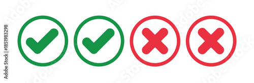 Check mark icon button set, check box icon with right and wrong buttons, yes or no checkmark icons in green tick box and red cross, approved and rejected symbols, choice selection buttons, 