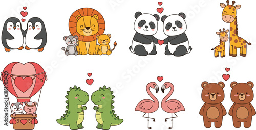 Set of cute cartoon animals in love including penguins lions pandas giraffes dinosaurs flamingos and bears for Valentine's Day designs.
