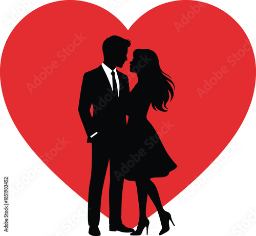 Romantic couple silhouette standing together in front of red heart symbol expressing love, valentine, wedding, relationship, passion concept illustration design