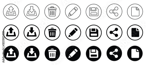 User interface action icon set with upload, download, delete, edit, save, share and file document symbols for app controls, web dashboards, software and SaaS UI. file Action -line icons and solid