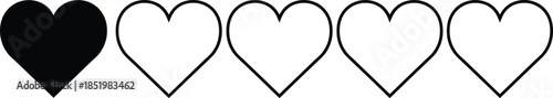 Set of five heart icons with one solid black and four outline shapes for Valentine's Day ratings or health concepts.