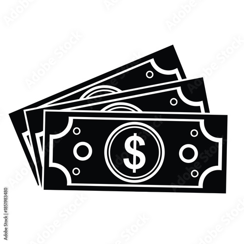 a simple black and white illustration depicts a stack of three united states dollar bills symbolizing wealth and finance high quality