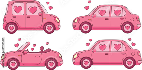 Set of pink cartoon cars decorated with hearts including hatchback sedan and convertible for Valentine's Day romantic wedding travel design.