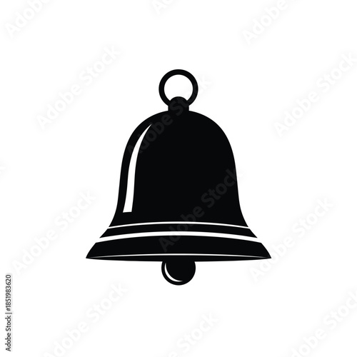 a simple black silhouette of a classic bell shape with a rounded top and striking clapper is prominently displayed high quality