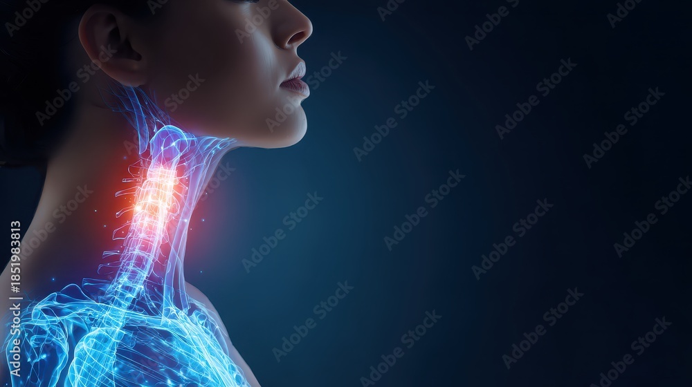 Obraz premium Woman with a glowing thyroid gland visualization highlights neck anatomy and thyroid health awareness. 