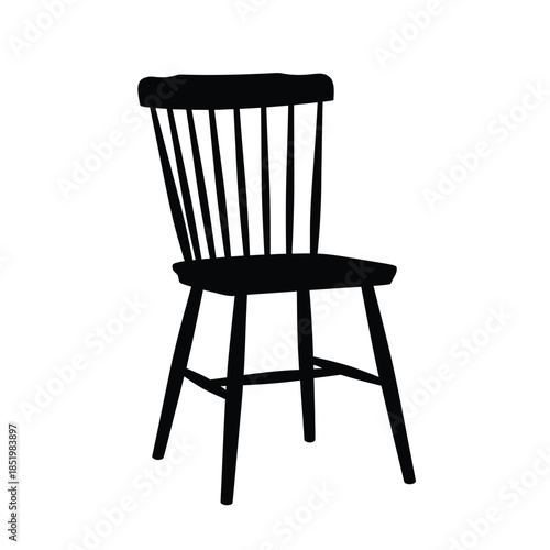 a simple black silhouette of a wooden chair with a spindle back design is isolated on a white background high quality