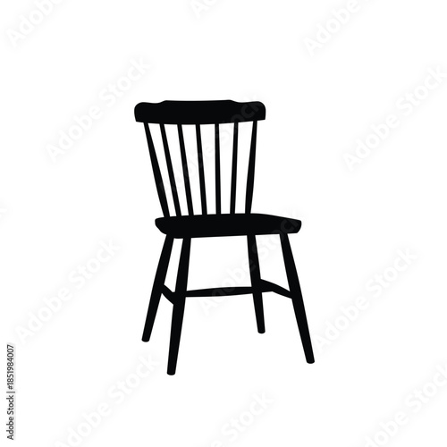 a simple black silhouette of a wooden chair with a spindle back and four legs is prominently displayed against a white