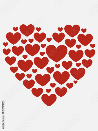 A heart shape is formed by various smaller red hearts . The simple design emphasizes love and unity.