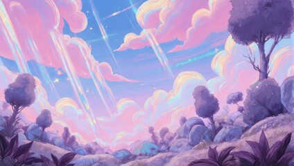 Papier peint photo Pourpre Dreamy landscape with soft pink and blue clouds, a serene vista with stylized trees and foliage  © endang