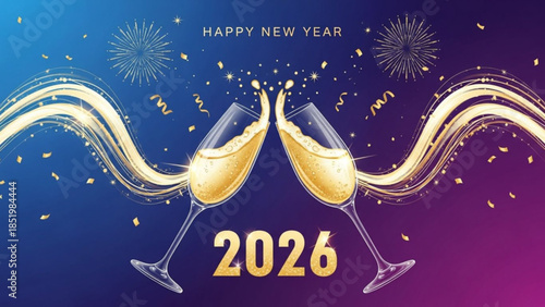 Celebrate new year 2026 with champagne toast and fireworks