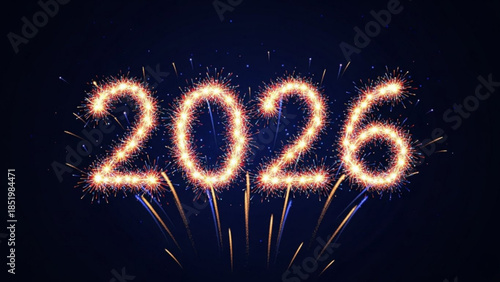 Sparkling fireworks forming the number 2026 on a dark background, new year celebration concept