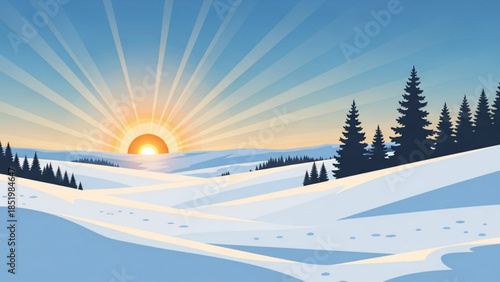 Serene winter landscape with snow covered hills, evergreen trees, and sunrise