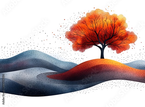 Vibrant orange tree on rolling hills with scattered dots autumn fall