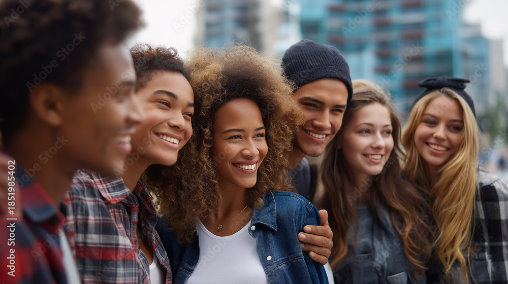 Fototapeta premium Faceless multiethnic group of young friends meeting and having fun outdoors, multiracial stylish teen students bonding in city, youth lifestyle diversity, defocused urban setting, 