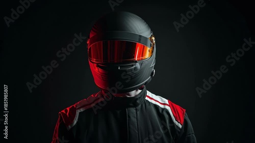 Race car driver wearing helmet and racing suit in front of black background. Intense, focused, and ready for competition on the track.