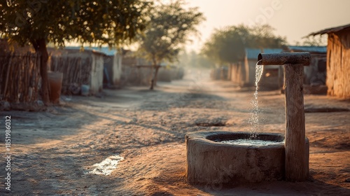 Rural African village centered around a clean water well that sustains daily life and community survival
