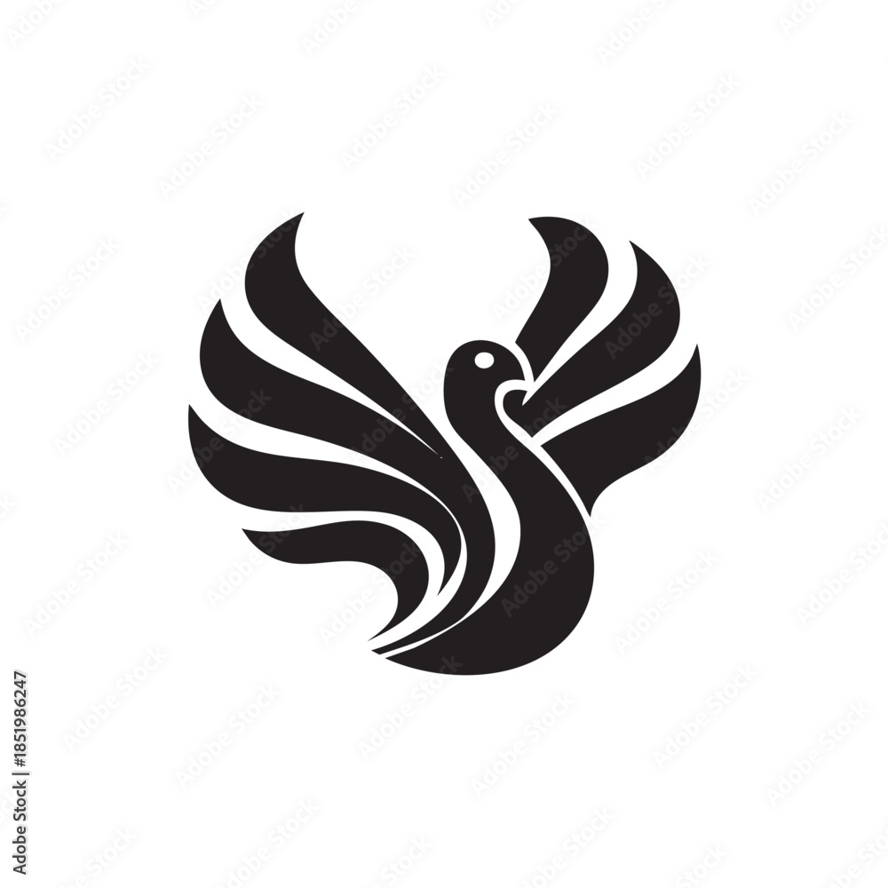 Obraz premium Stylized black silhouette of a soaring bird with spread wings dominates a white background