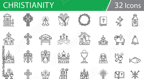 Grid of 36 black line icons for Christian symbols and worship, ideal for religious vector illustration content