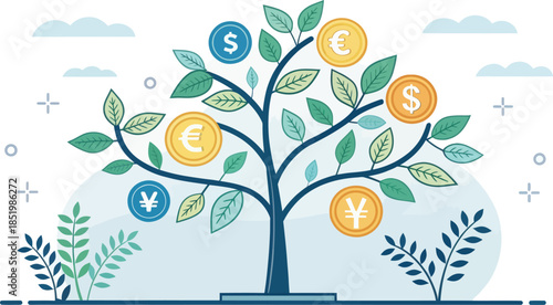 Flat Design Vector Tree Symbolizing Investment Growth