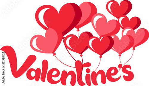 Red script text 'Valentine's' surrounded by a cluster of heart-shaped balloons, romantic greeting concept on transparent background for holiday celebrations