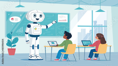 Friendly AI Robot Teaching Students in a Classroom