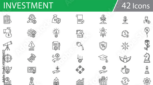 Grid of 48 black line icons for finance, investment, and budgeting, ideal for economic vector illustration content