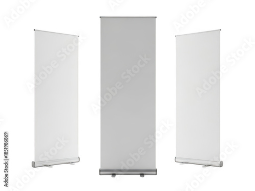 Three blank roll-up banners isolated on transparent background