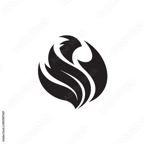 Stylized graphic silhouette resembles a mythical bird or abstract flame form