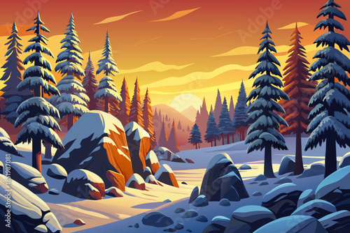 dense woodland of snow-covered pine trees creates a deep winter forest scene with limited visibility, layered branches, and immersive seasonal atmosphere