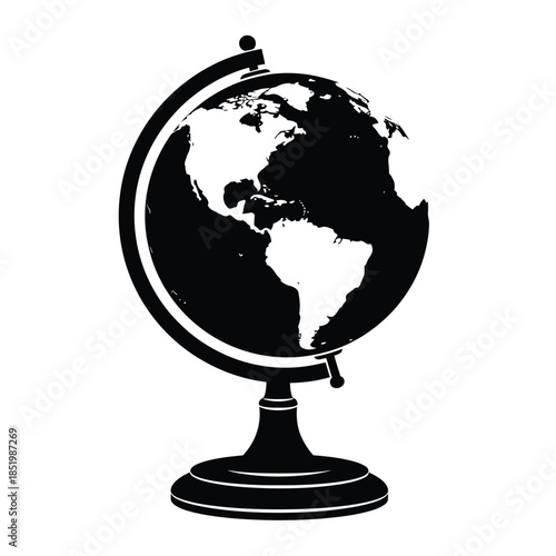 a classic black and white illustration depicts a detailed terrestrial globe resting on an ornate metal stand symbolizing global awareness