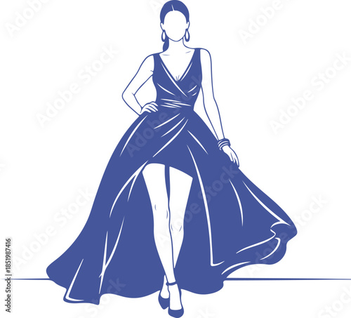 Elegant woman in flowing black evening gown with confident pose