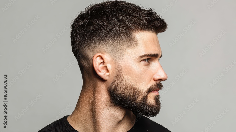 Fototapeta premium A handsome young man with a modern fade haircut and beard showcases professional grooming, style, and contemporary male elegance. 