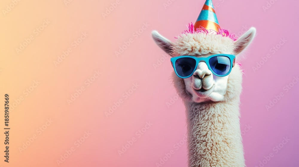 Fototapeta premium Alpaca wearing colorful party hat and sunglasses, posing playfully against a vibrant gradient background, embodying a festive and cheerful atmosphere for celebrations