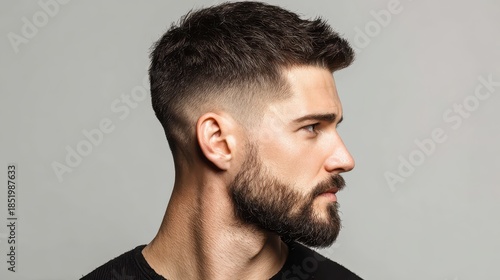 A handsome young man with a modern fade haircut and beard showcases professional grooming, style, and contemporary male elegance.
