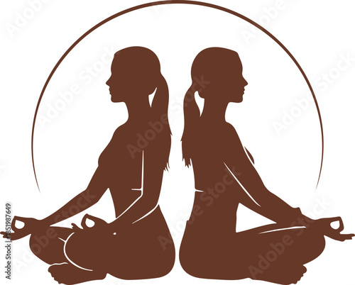Two women in meditative yoga poses in black silhouette