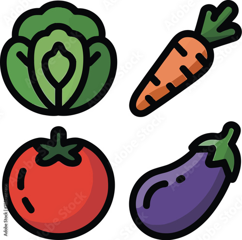 A healthy cartoon set of fresh vegetables and fruits vector illustration featuring a green apple, orange carrot, and red tomato icon design for a natural diet symbol