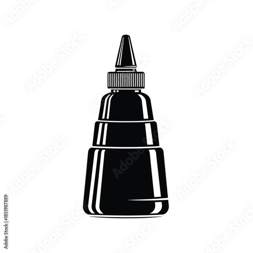 a detailed black and white illustration depicts a sleek conical bottle with a screw cap and a narrow base isolated on