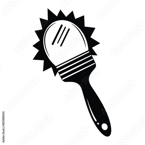 a striking black and white illustration depicts a maraca with a distinctive sunburst design around its bulbous head offering a traditional