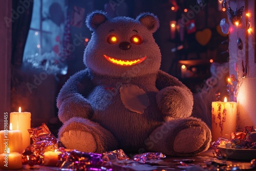 Cozy teddy bear in a candlelit room creates a warm festive holiday scene for photography.