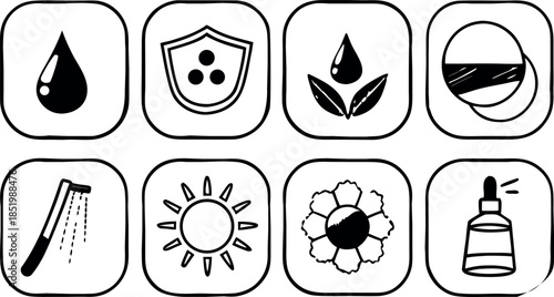 Skincare and Beauty Line Icons Set - Natural Cosmetics, Sun Protection, Hydration, and Hygiene Symbols