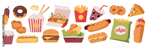 Fast junk food set, burger french fries pizza hot-dog soda drink popcorn donut and muffin ice-cream shawarma hamburger and quick snacks, flat vector illustration isolated on white background,