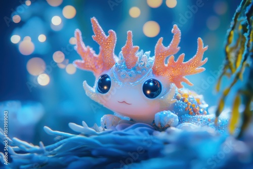 Adorable underwater creature with coral antlers in a dreamy blue ocean scene for kids and storytelling