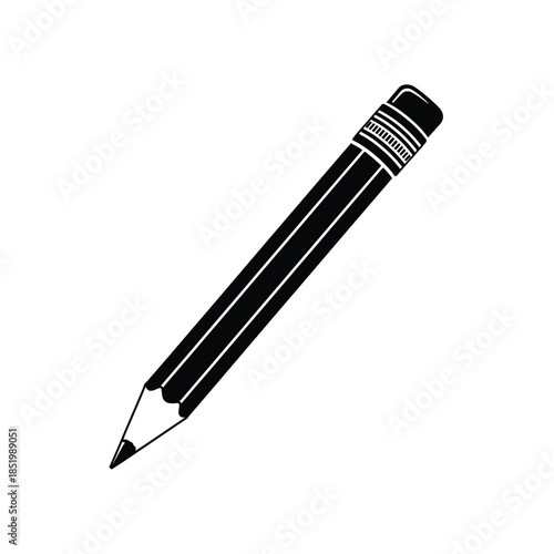 a simple black and white illustration depicts a classic wooden pencil with graphite lead and a pointed tip leaning slightly
