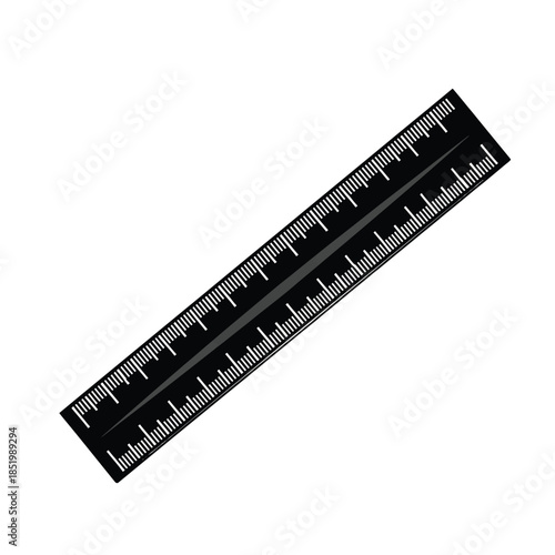 A black ruler with white markings is displayed at a diagonal angle on a plain white background showing precise measurements