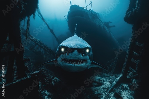 Shark swims toward the camera through a blue underwater shipwreck canyon